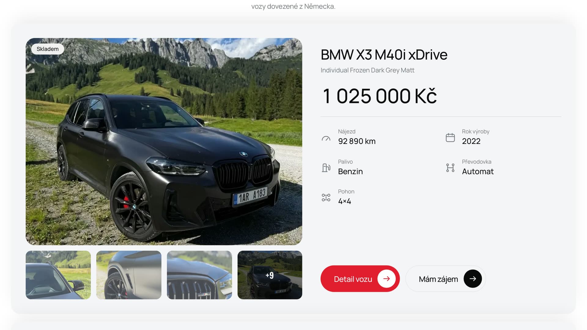 Fahrzeugbestand auf cartur.cz: ein BMW X3 M40i xDrive mit Fotogalerie, Preis in Kč und den technischen Eckdaten daneben.