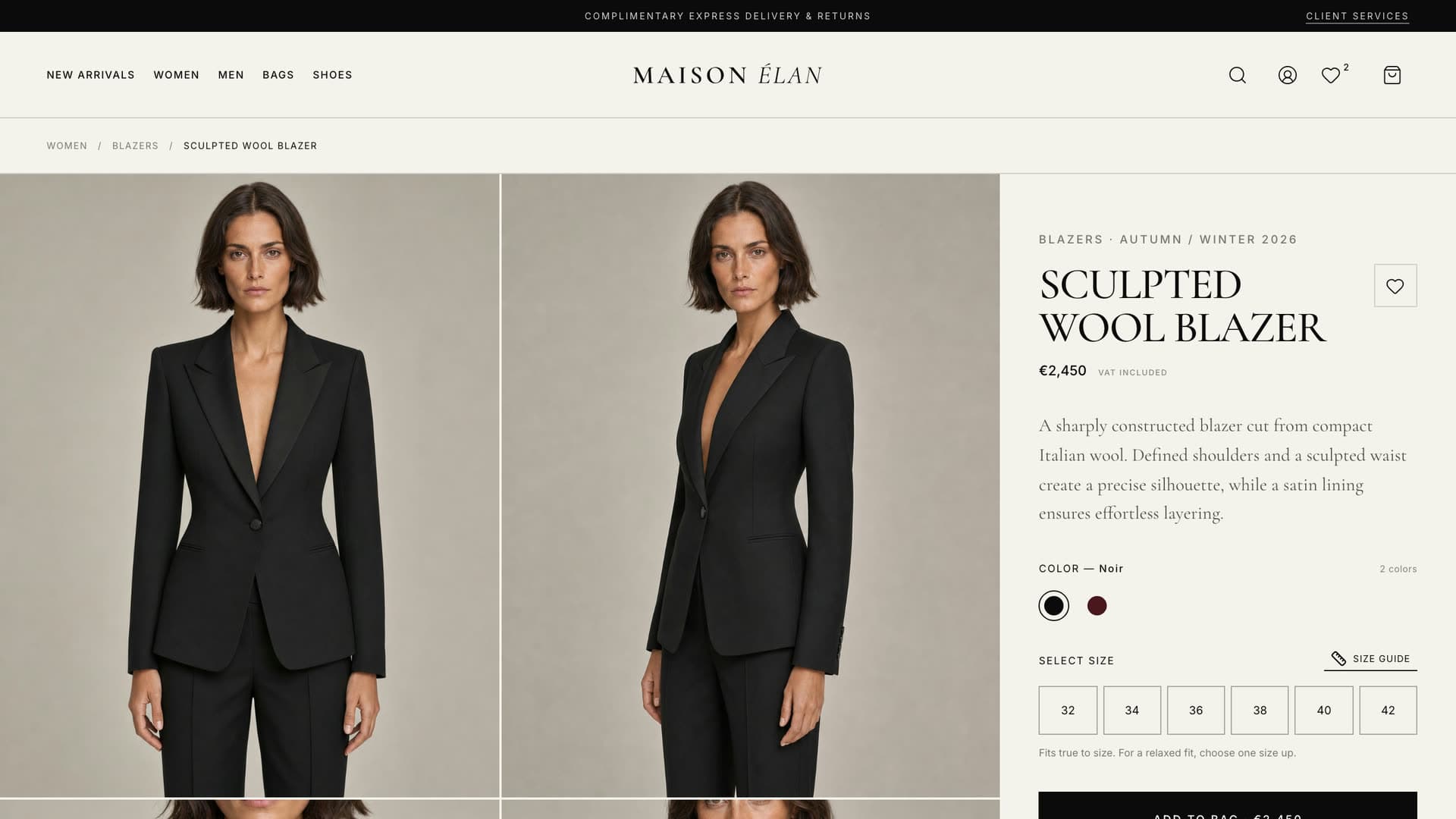 Produktseite von MAISON ÉLAN: Bildstrecke des Blazers, Preis, Farbauswahl und Größenraster mit der Aktion „Add to bag“.