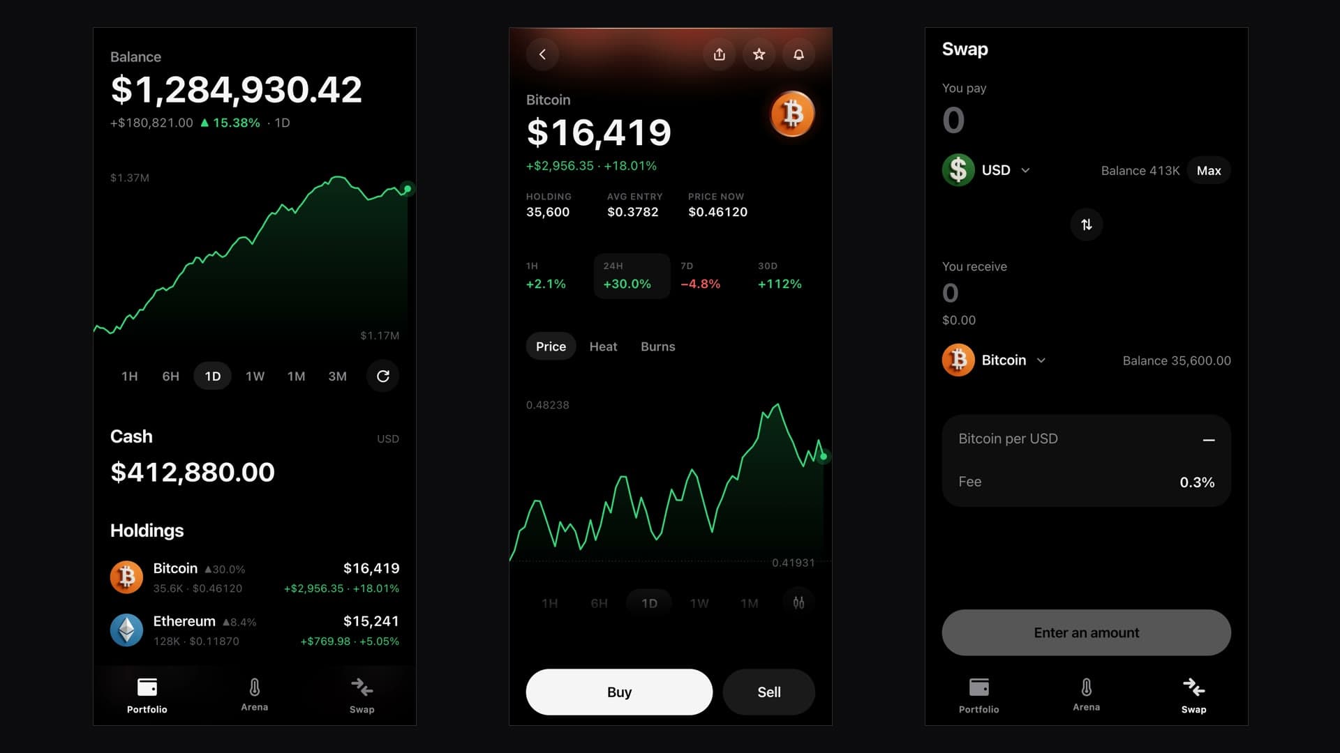 Portfolio mit Bestand und Verlauf, die Token-Seite von oben mit Preis und vier Zeiträumen, und der leere Tausch-Bildschirm.
