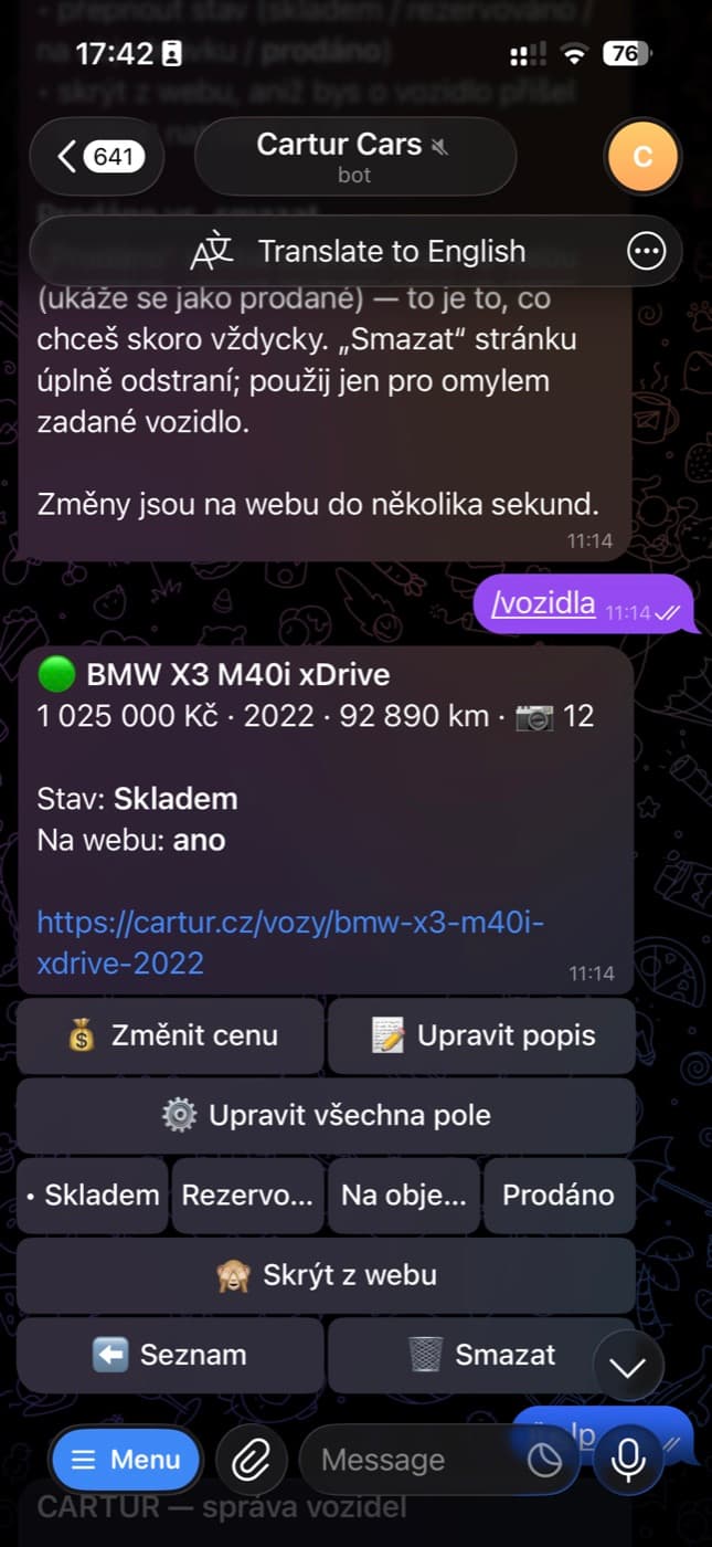 Telegram-Chat mit dem Bot „Cartur Cars“: die Karte eines BMW X3 M40i xDrive mit Preis, Baujahr, Kilometerstand und Link auf die Fahrzeugseite, darunter Schaltflächen für Preis, Beschreibung, Status und „Von der Website verbergen“.