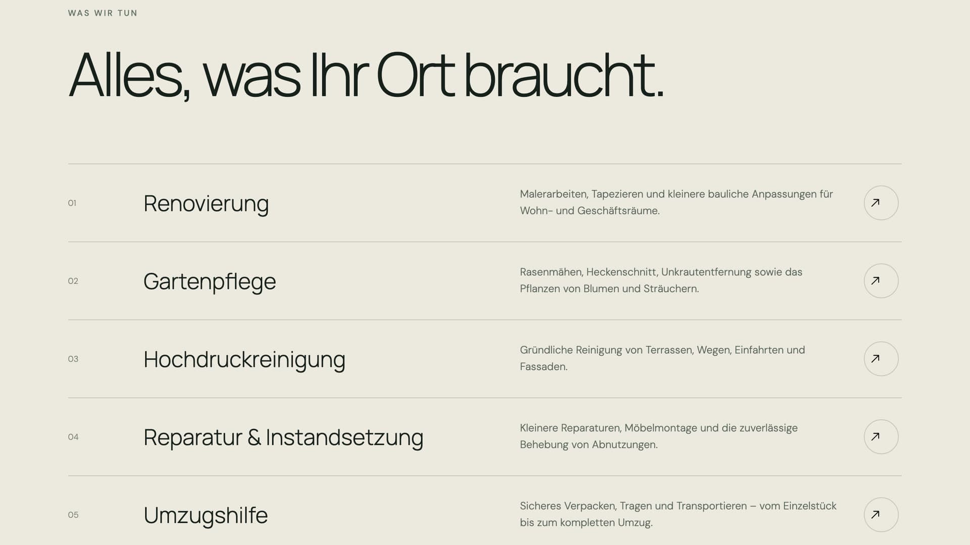 Leistungsliste auf m-und-y.de: nummerierte Zeilen von Renovierung bis Umzugshilfe, jede mit einem Satz Beschreibung und einem Pfeil.