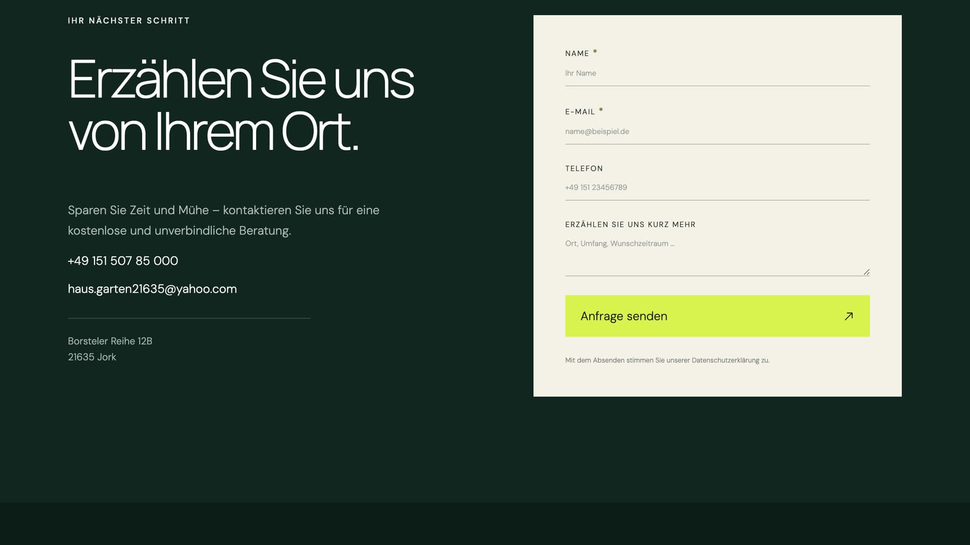 Kontaktbereich auf m-und-y.de: Telefonnummer, E-Mail und Anschrift links, rechts ein Formular mit Name, E-Mail, Telefon und Freitextfeld.