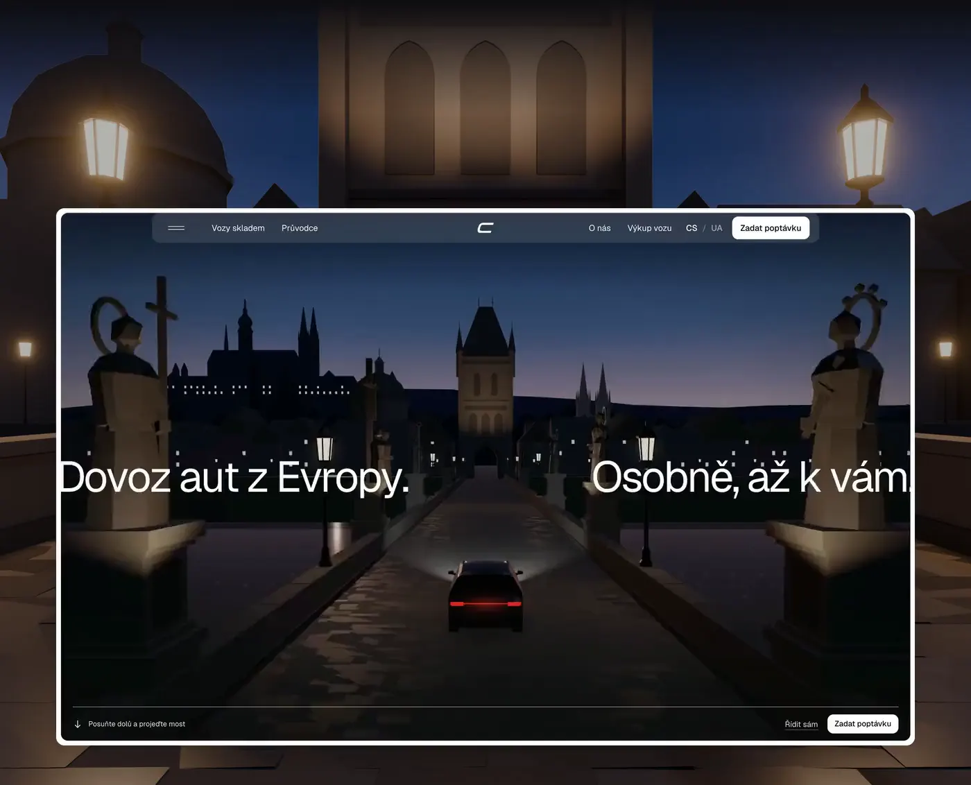 The hero card over its own scene: the scroll drive across Charles Bridge