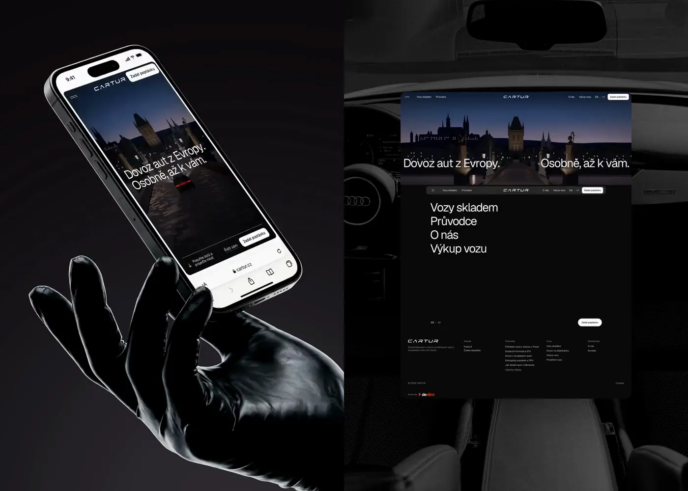 The menu: a phone above a driving glove, the desktop menu inside a car cabin
