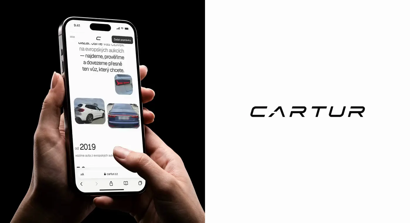 Phone in two hands, the wordmark beside it