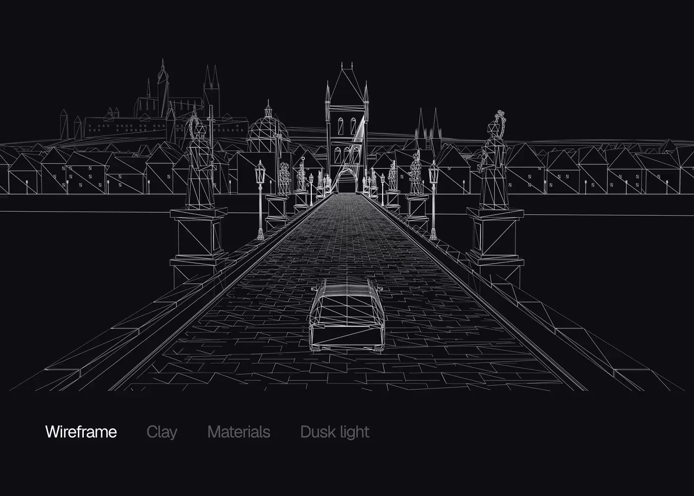 Blender passes: wireframe, clay, materials, dusk light