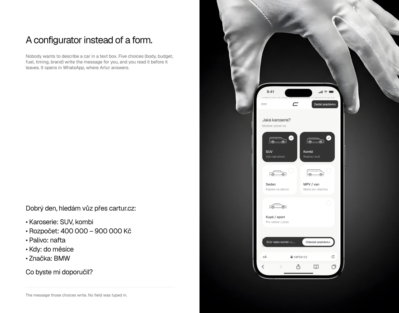 A configurator instead of a form: the phone under a white glove, and the message the choices write