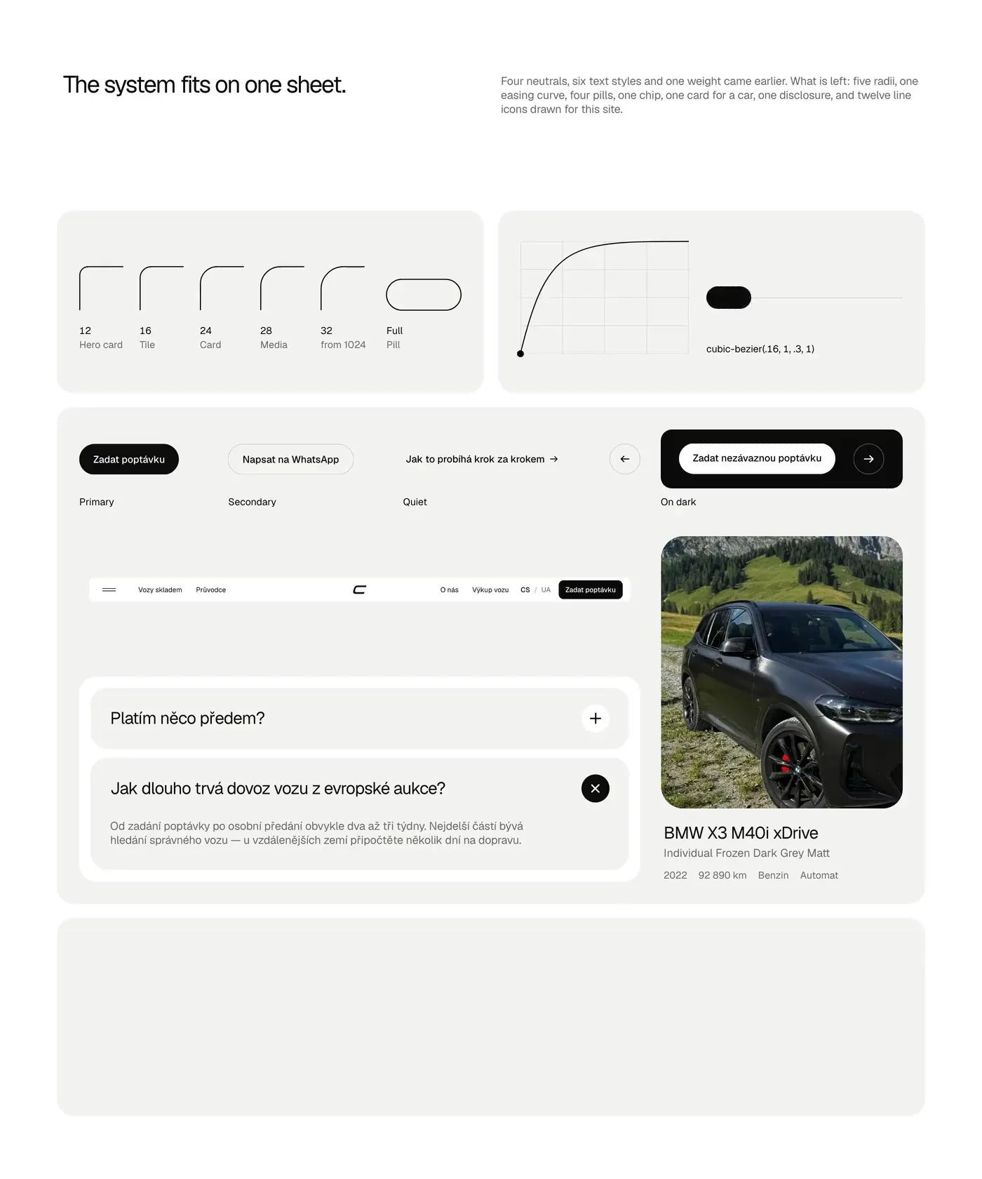 The system on one sheet: radii, easing, pills, card, disclosure, icons
