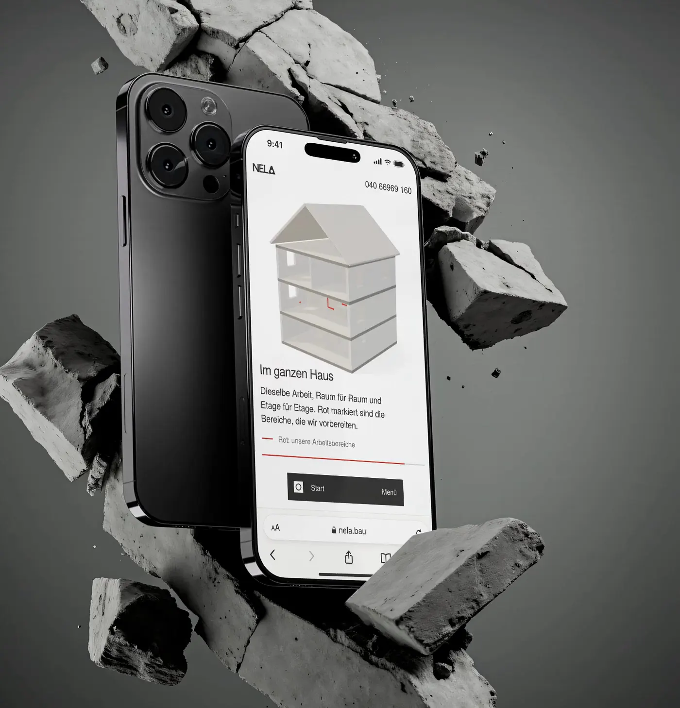 Concrete coming apart around the phone, the house coming apart on its screen