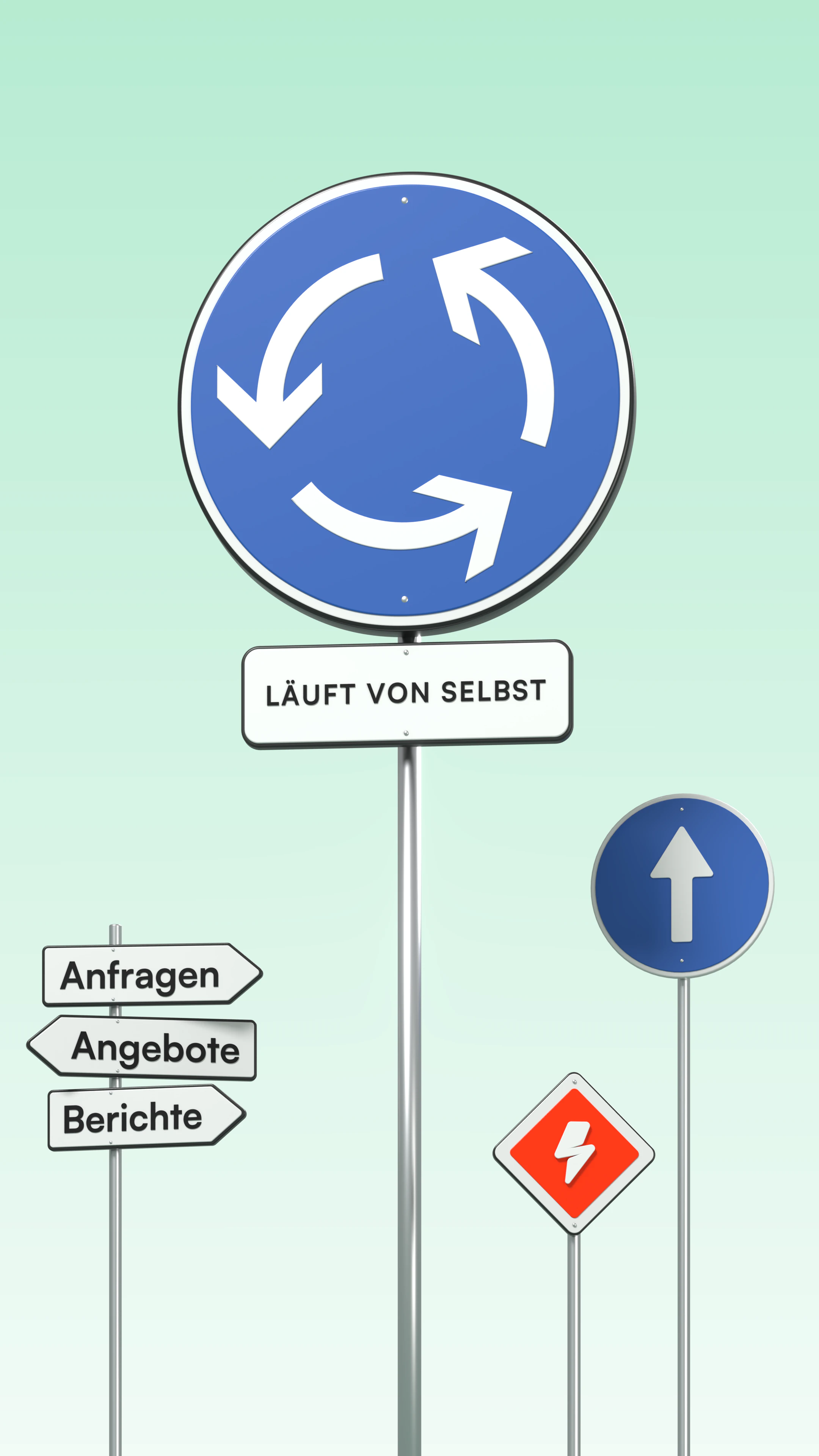 3D-Illustration: blaues Kreisverkehr-Schild mit drei Pfeilen im Kreis, darunter das Zusatzschild „Läuft von selbst“, daneben Wegweiser „Anfragen“, „Angebote“ und „Berichte“, ein blaues Richtungsschild und ein kleines orangefarbenes Vorfahrtsschild mit dem DeNitro-Blitz