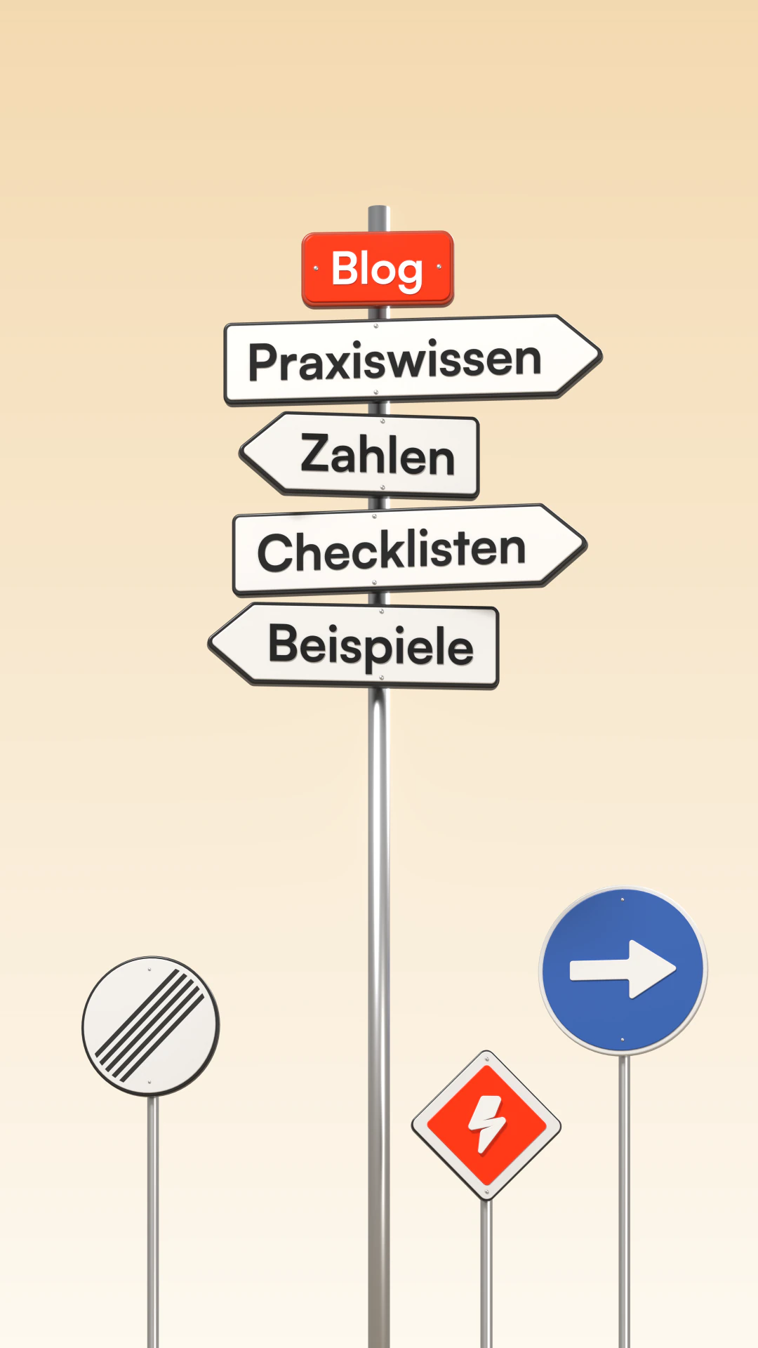 3D-Illustration: Wegweiser-Mast mit der orangefarbenen Tafel „Blog“ und vier Pfeilen „Praxiswissen“, „Zahlen“, „Checklisten“ und „Beispiele“, daneben das Schild „Ende aller Streckenverbote“, ein blaues Richtungsschild und ein kleines orangefarbenes Vorfahrtsschild mit dem DeNitro-Blitz