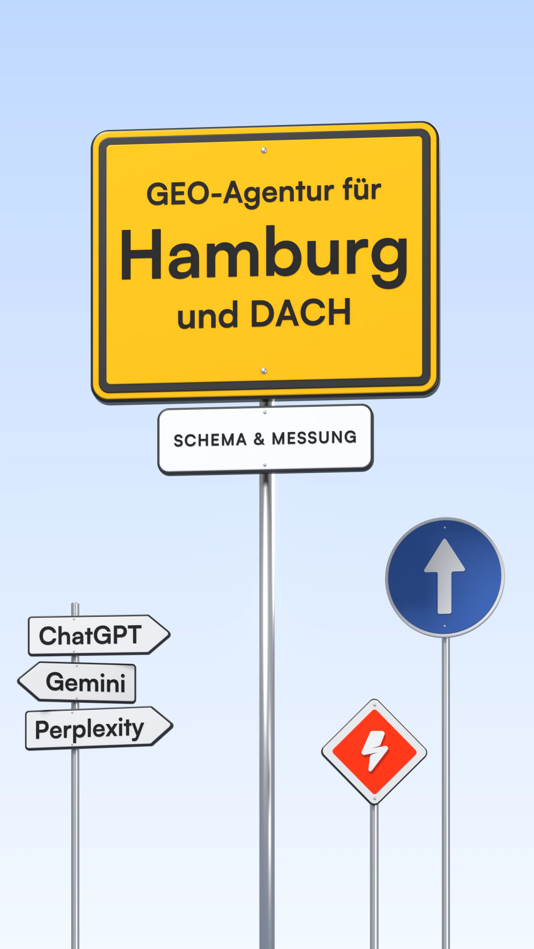 3D-Illustration: gelbe Ortstafel „GEO-Agentur für Hamburg und DACH“ mit dem Zusatzschild „Schema & Messung“, daneben Wegweiser „ChatGPT“, „Gemini“ und „Perplexity“, ein blaues Richtungsschild und ein kleines orangefarbenes Vorfahrtsschild mit dem DeNitro-Blitz