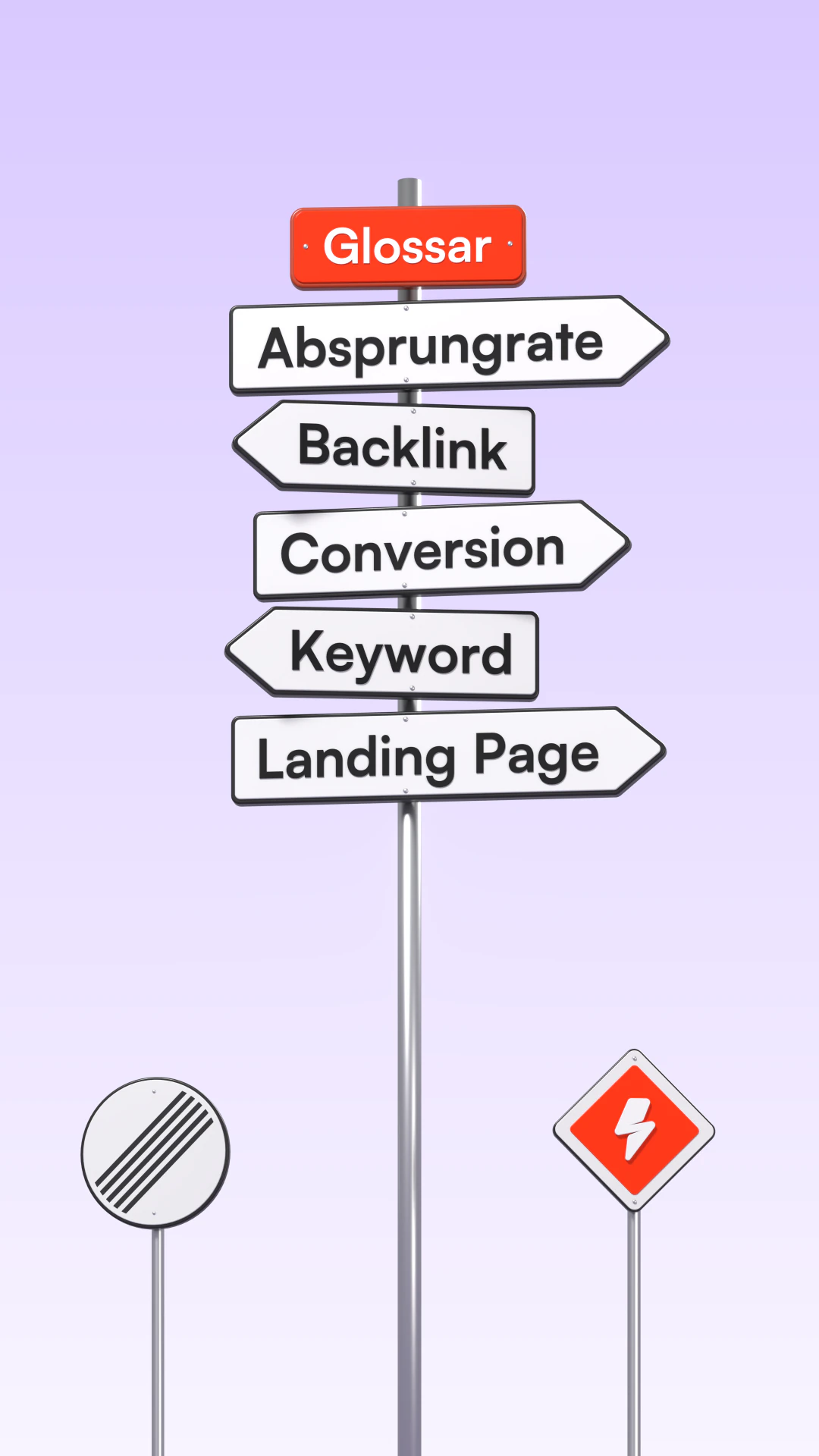 3D-Illustration: Wegweiser-Mast mit der orangefarbenen Tafel „Glossar“ und fünf Pfeilen „Absprungrate“, „Backlink“, „Conversion“, „Keyword“ und „Landing Page“, daneben das Schild „Ende aller Streckenverbote“ und ein kleines orangefarbenes Vorfahrtsschild mit dem DeNitro-Blitz