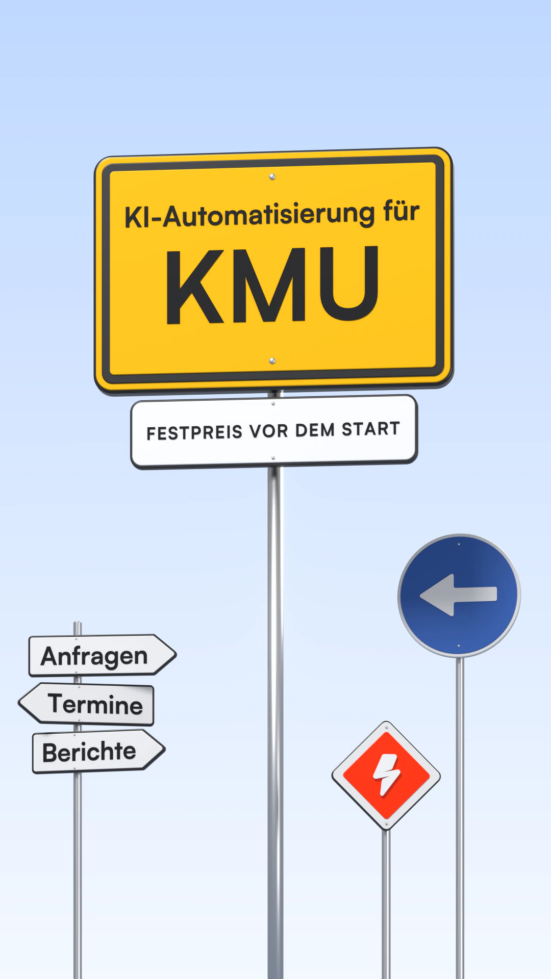 3D-Illustration: gelbe Ortstafel „KI-Automatisierung für KMU“ mit dem Zusatzschild „Festpreis vor dem Start“, daneben Wegweiser „Anfragen“, „Termine“ und „Berichte“, ein blaues Richtungsschild und ein kleines orangefarbenes Vorfahrtsschild mit dem DeNitro-Blitz