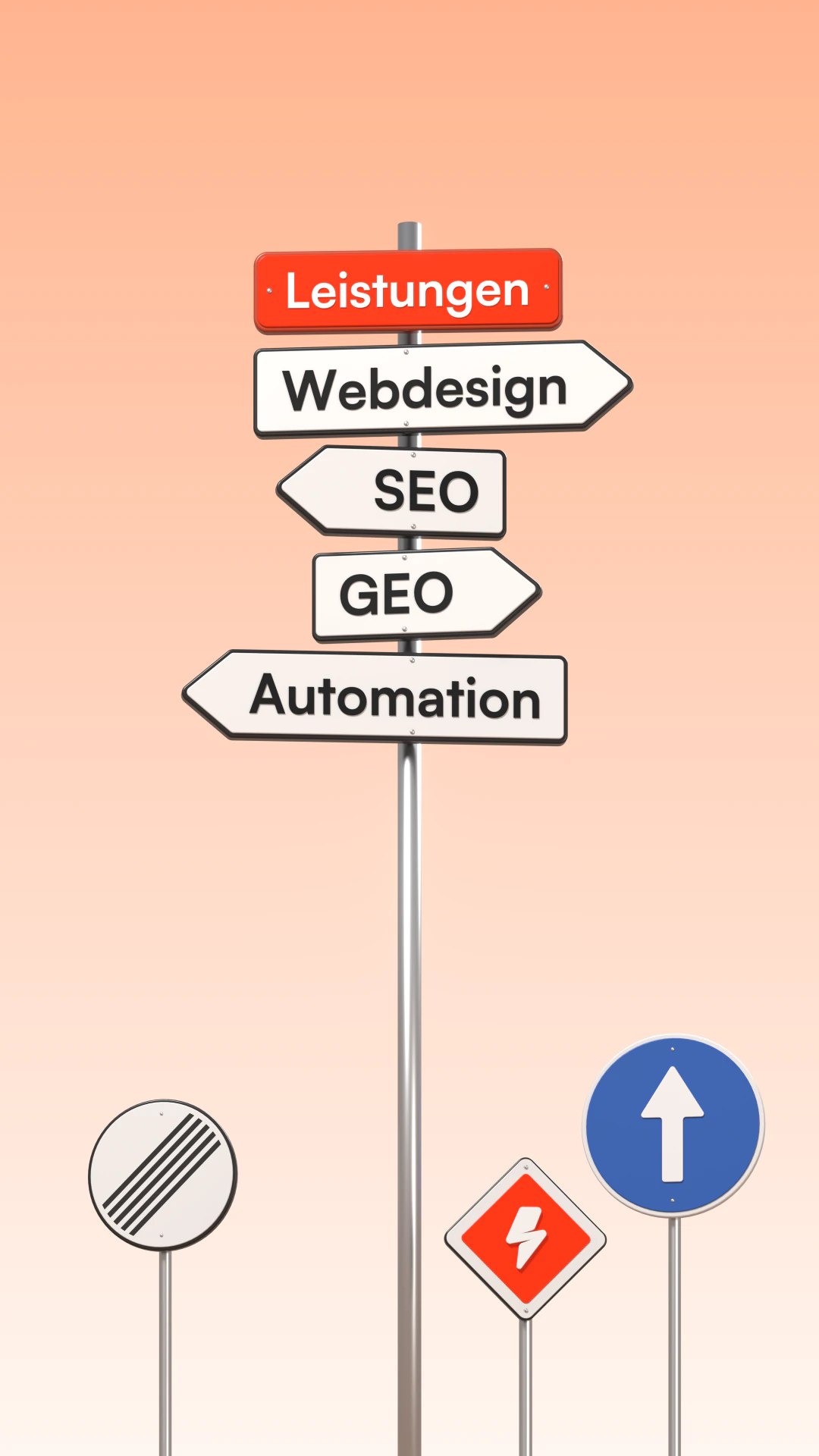 3D-Illustration: Wegweiser-Mast mit der orangefarbenen Tafel „Leistungen“ und vier Pfeilen „Webdesign“, „SEO“, „GEO“ und „Automation“, daneben ein blaues Richtungsschild, das Schild „Ende aller Streckenverbote“ und ein kleines orangefarbenes Vorfahrtsschild mit dem DeNitro-Blitz