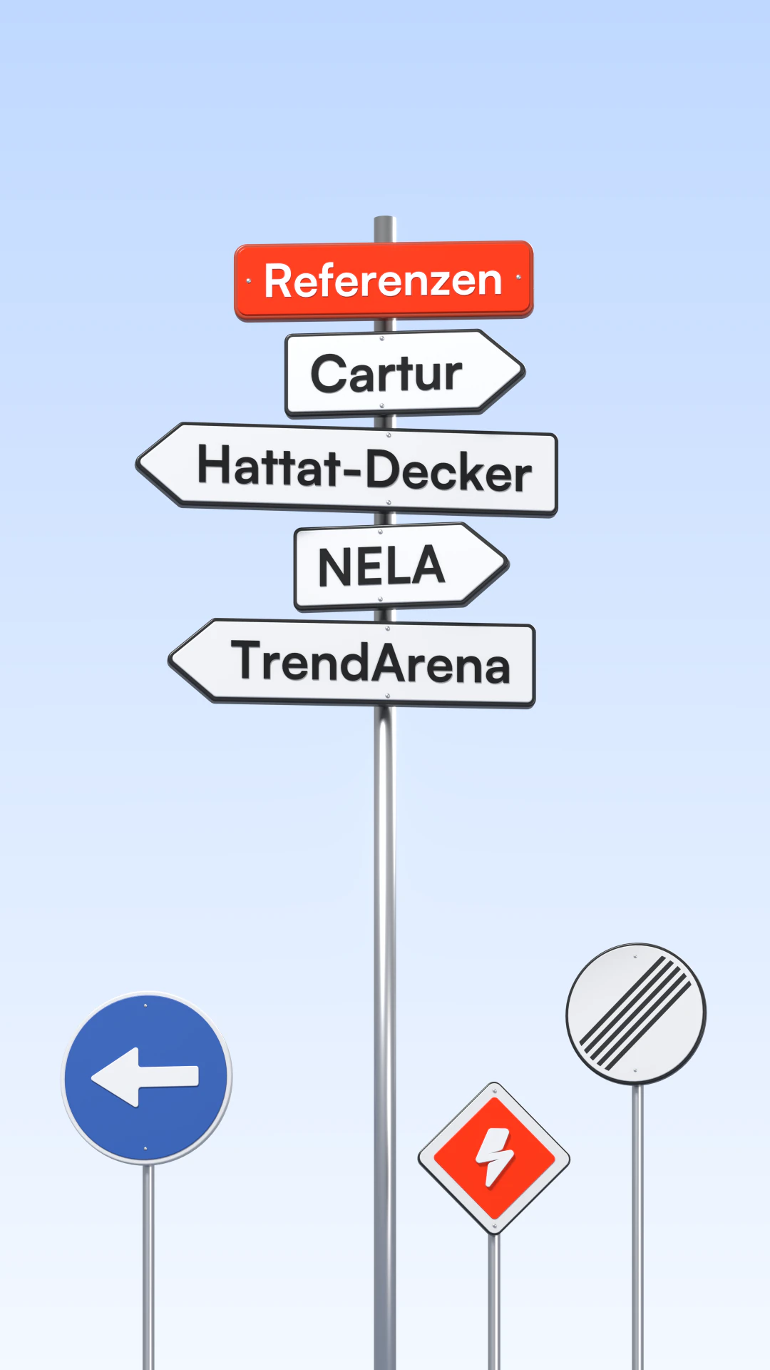 3D-Illustration: Wegweiser-Mast mit der orangefarbenen Tafel „Referenzen“ und vier Pfeilen „Cartur“, „Hattat-Decker“, „NELA“ und „TrendArena“, daneben ein blaues Richtungsschild, das Schild „Ende aller Streckenverbote“ und ein kleines orangefarbenes Vorfahrtsschild mit dem DeNitro-Blitz