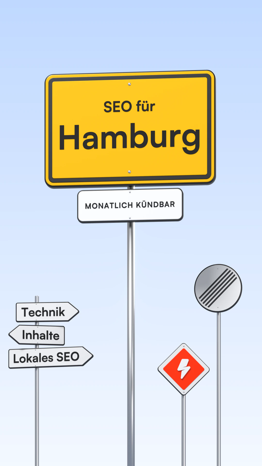 3D-Illustration: gelbe Ortstafel „SEO für Hamburg“ mit dem Zusatzschild „Monatlich kündbar“, daneben Wegweiser „Technik“, „Inhalte“ und „Lokales SEO“, das Schild „Ende aller Streckenverbote“ und ein kleines orangefarbenes Vorfahrtsschild mit dem DeNitro-Blitz