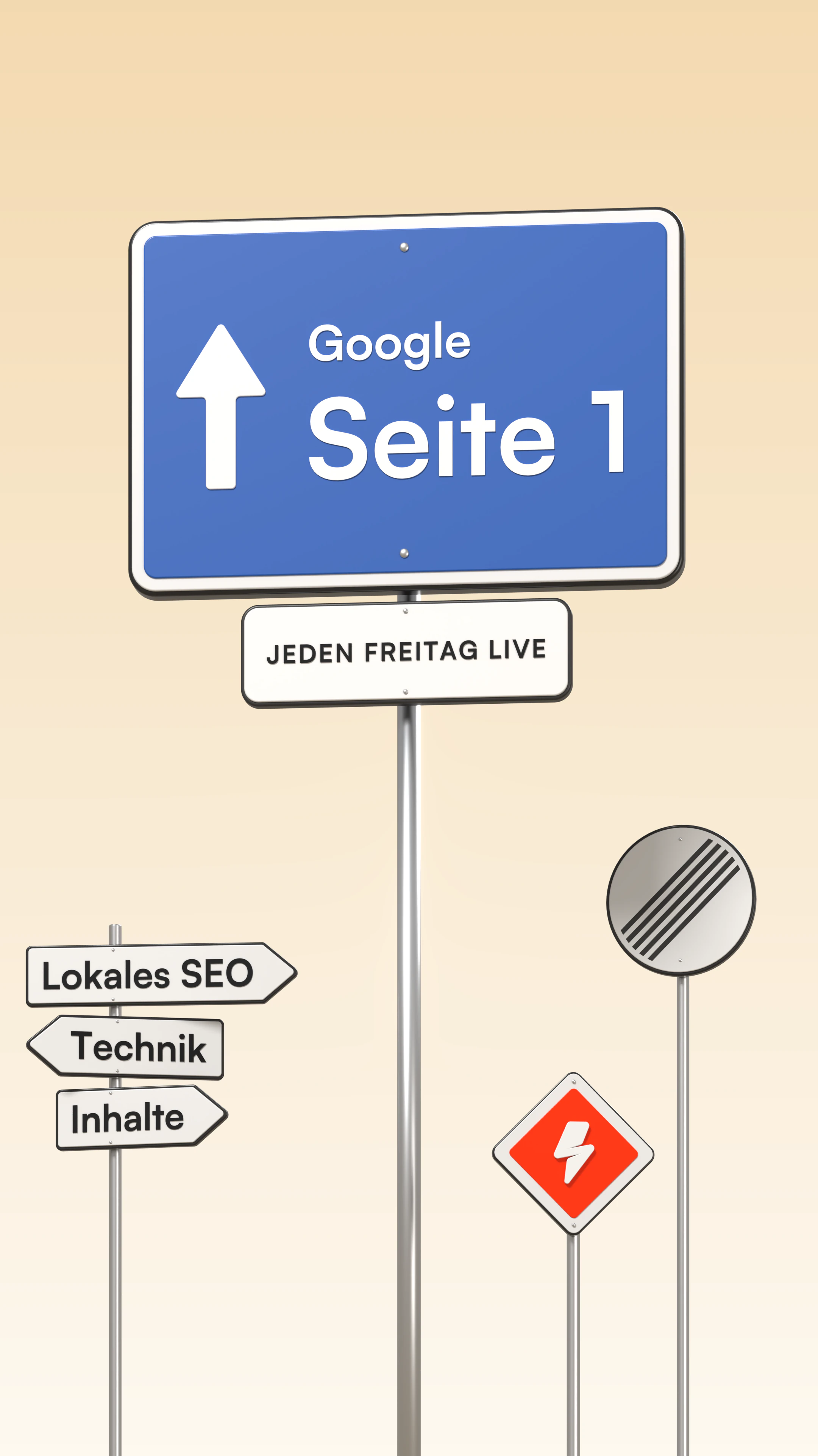 3D-Illustration: blaues Autobahnschild mit Pfeil geradeaus und der Aufschrift „Google – Seite 1“, darunter das Zusatzschild „Jeden Freitag live“, daneben Wegweiser „Lokales SEO“, „Technik“ und „Inhalte“, das Schild „Ende aller Streckenverbote“ und ein kleines orangefarbenes Vorfahrtsschild mit dem DeNitro-Blitz