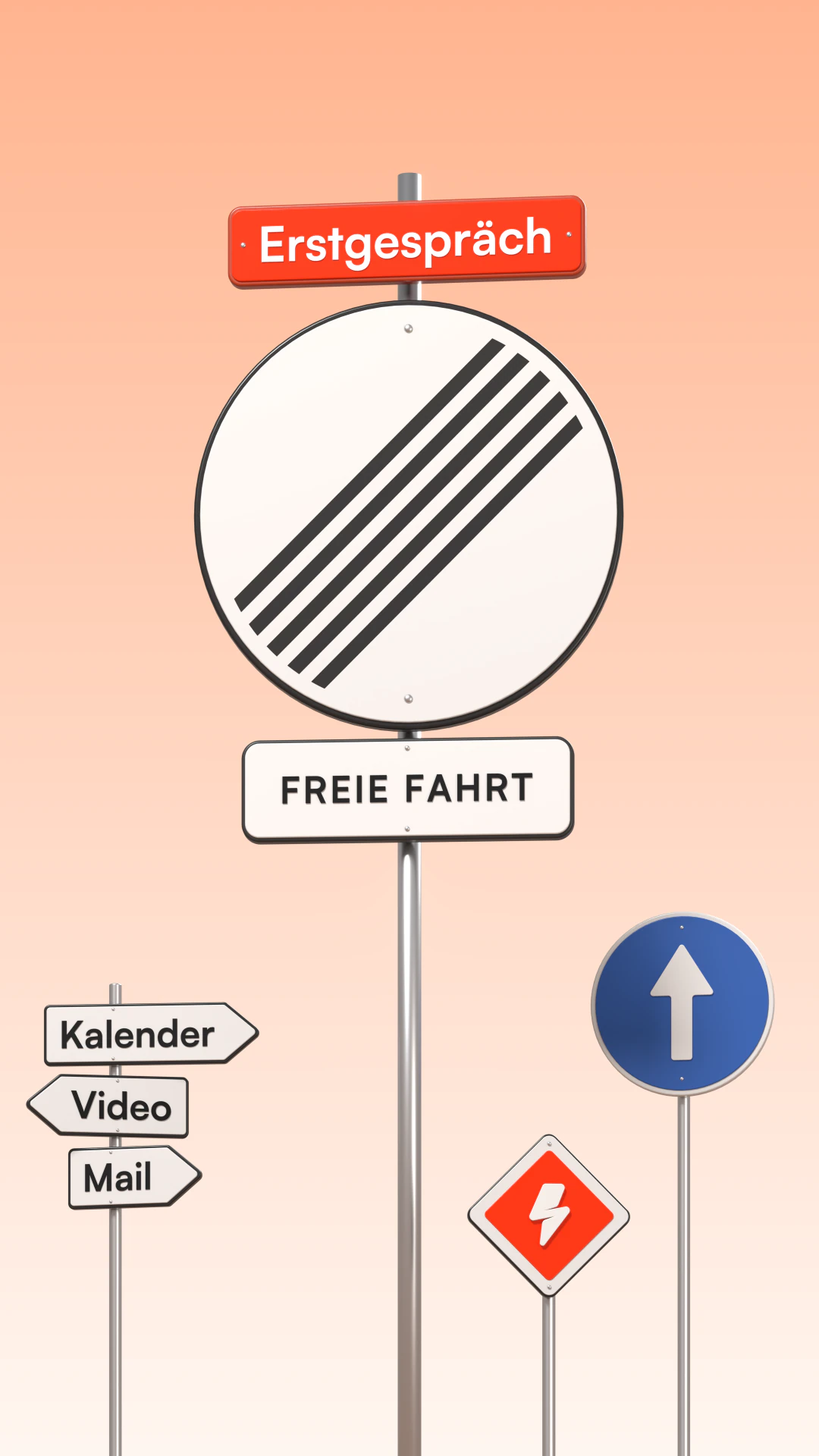 3D-Illustration: das Schild „Ende aller Streckenverbote“ unter der orangefarbenen Tafel „Erstgespräch“, darunter das Zusatzschild „Freie Fahrt“, daneben Wegweiser „Kalender“, „Video“ und „Mail“, ein blaues Richtungsschild und ein kleines orangefarbenes Vorfahrtsschild mit dem DeNitro-Blitz