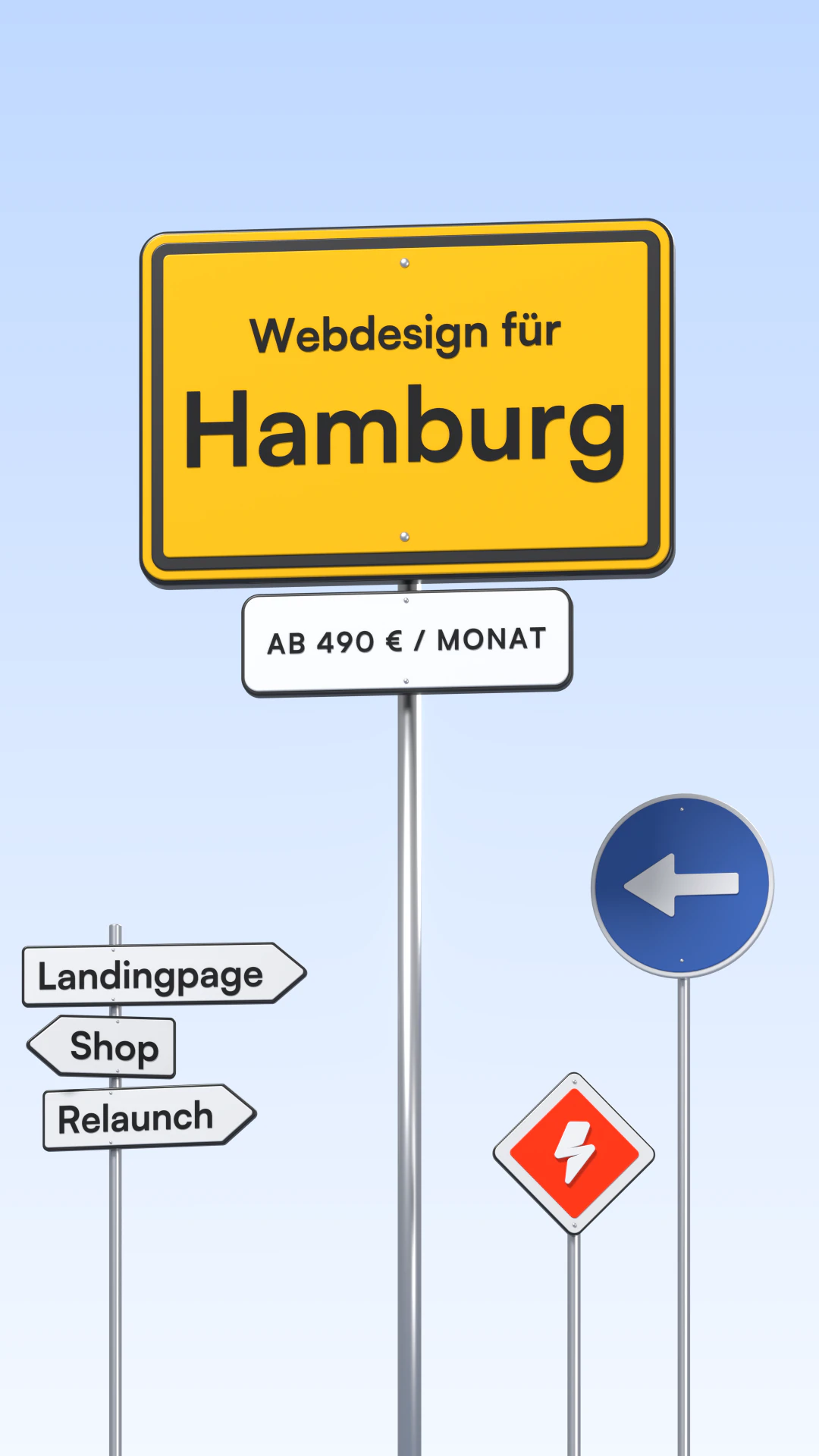 3D-Illustration: gelbe Ortstafel „Webdesign für Hamburg“ mit dem Zusatzschild „ab 490 € / Monat“, daneben Wegweiser „Landingpage“, „Shop“ und „Relaunch“, ein blaues Richtungsschild und ein kleines orangefarbenes Vorfahrtsschild mit dem DeNitro-Blitz