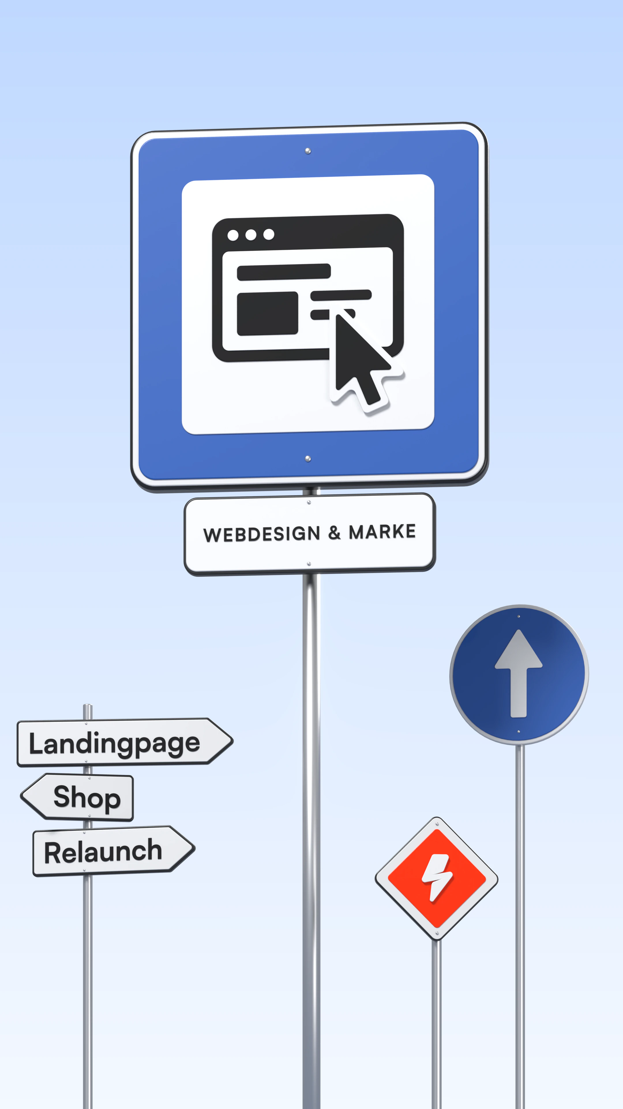 3D-Illustration: blaues Hinweisschild mit einem Browserfenster und einem Mauszeiger als Piktogramm, darunter das Zusatzschild „Webdesign & Marke“, daneben Wegweiser „Landingpage“, „Shop“ und „Relaunch“, ein blaues Richtungsschild und ein kleines orangefarbenes Vorfahrtsschild mit dem DeNitro-Blitz